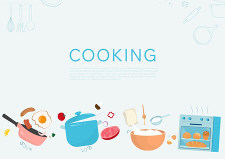 Cooking background concept. Cooking food and baking bakery with kitchen utensils and ingredients.のイラスト素材