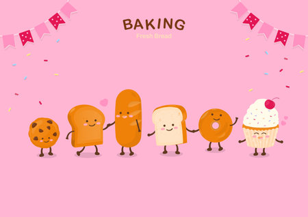 Bread character design elements with a flag and colored sprinkles on a pink background.のイラスト素材