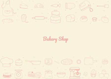 Bakery and cooking utensil outline icons with copy space on a beige background. Hand-drawn and doodle style.のイラスト素材