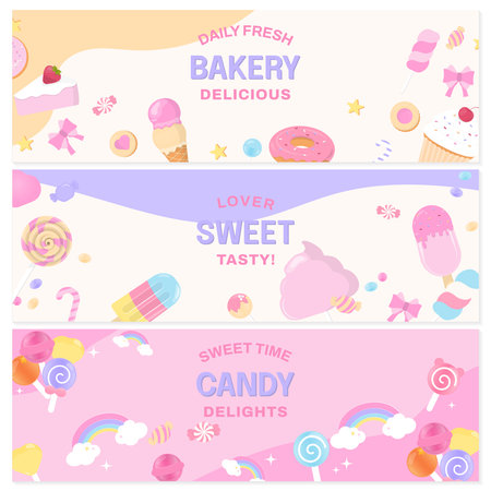 Bakery horizontal banner template. Cake, candy, donut, ice cream, and text with pastel colors.のイラスト素材