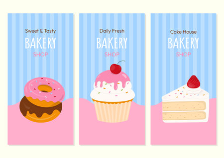 Bakery banner template. Design with cake, cupcake, donut, and text on a striped background.のイラスト素材