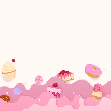 Bakery background concept. Cake and dessert floating with a pink wave and copy space. Paper art style.のイラスト素材