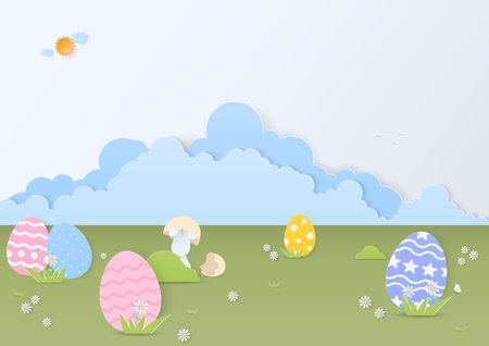 Easter background. Easter eggs with rabbit, flowers, and clouds in a meadow. Paper art style.のイラスト素材