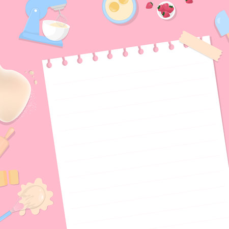 Bakery background. Note paper, electric mixer, and bakery ingredient with space for copy text on pink background.のイラスト素材