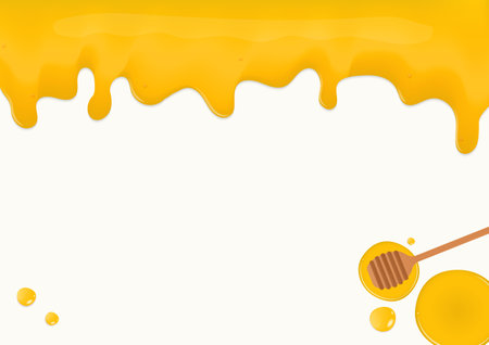 Honey background. Liquid honey drop on a white background with a wooden honey dipper and copy space.のイラスト素材