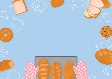 Bakery background. Bread and pastry baked goods with baking sheet, oven mitt, and bakery outline icons on a blue background.のイラスト素材