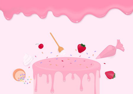 Bakery background. Pink liquid and strawberry cake with piping bag, sugar sprinkles, strawberry, and...