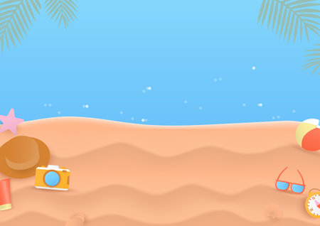 Summer background. Beach and sea landscape with summer elements and copy space.のイラスト素材