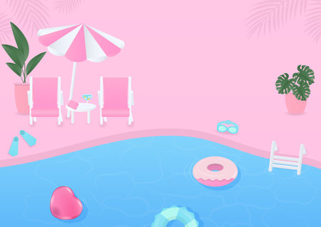 Summer background. Swimming pool scene with a chair, beach umbrella, inflatable ring, and tree on a pink background.のイラスト素材