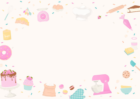 Bakery background. Bakery and baking utensils frame with multicolor sugar sprinkles on a white background.のイラスト素材