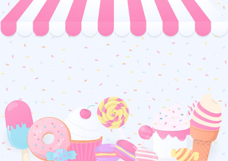 Bakery background. Bakery shop with candy, ice cream, doughnut, cupcake, and macaron on sugar sprinkles pattern.のイラスト素材