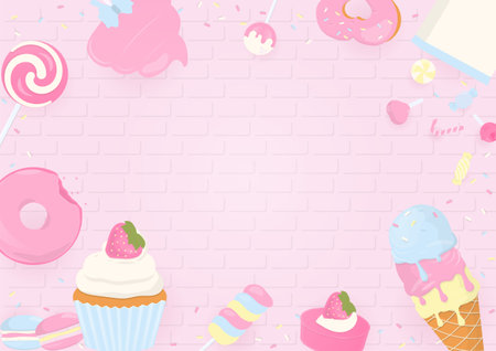 Bakery background. Sweet bakery and candy frame with sugar sprinkles on pink brick wall background.のイラスト素材