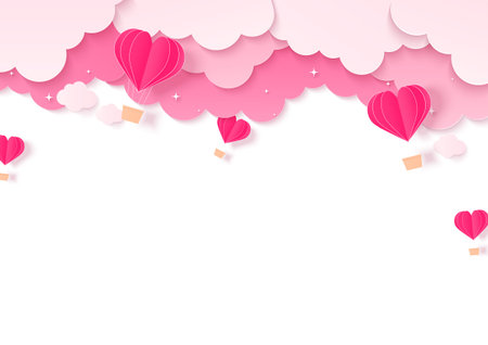 Valentine's Day and love concept. Paper heart balloon flying with a cloud on a white background. Paper art style.のイラスト素材