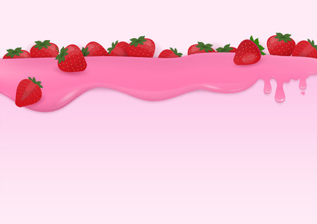Bakery background. Strawberries flowing on glazed liquid with a light pink background and copy space.のイラスト素材