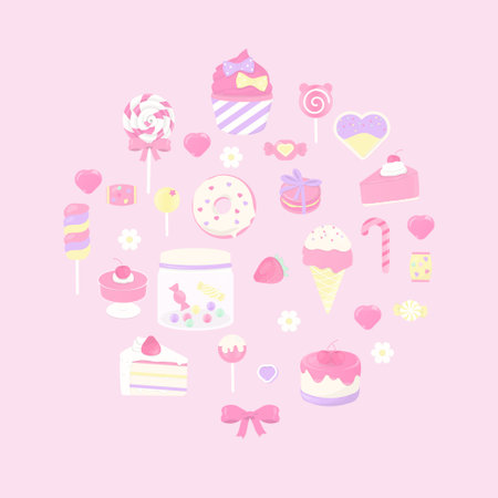 Sweet bakery banner. Cute bakery elements, including cake, candy, ice cream, and doughnuts, are arranged in a round composition on a light pink background.&#xA;のイラスト素材