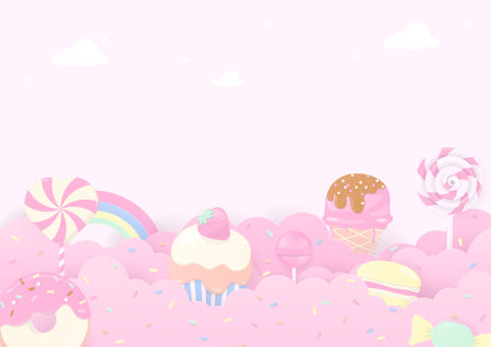 Bakery background. Sweet candy, ice cream, and dessert on a cloud decorated with pastel sugar sprinkles on a light pink background.のイラスト素材