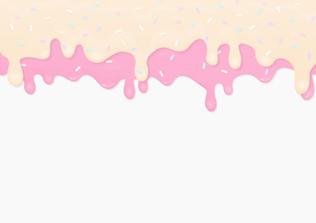 Bakery background. Cream and strawberry melting on a white background with pastel sugar sprinkles and copy space.のイラスト素材