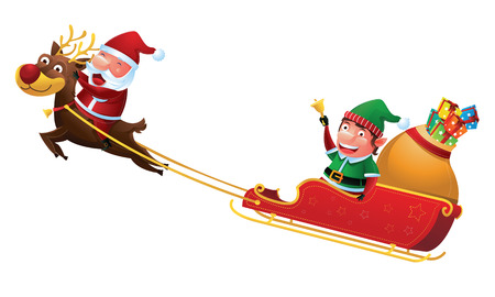 Santa and elf riding reindeer sleigh 2のイラスト素材