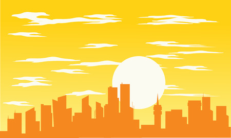 Silhouette of building and sun with orange backgroundのイラスト素材