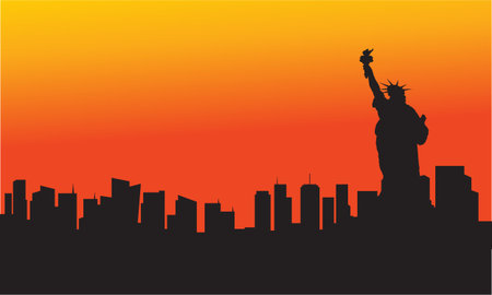 The Statue of Liberty at sunset with orange background