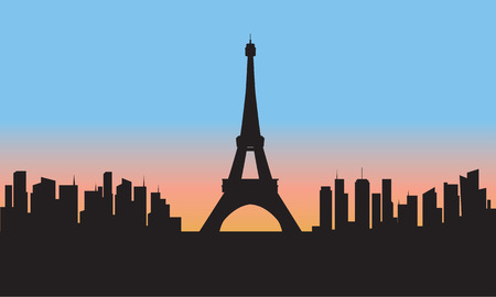 silhouette of eiffel tower cityscape at sunsetのイラスト素材