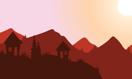 Silhouette of home on the mountain at sunsetのイラスト素材
