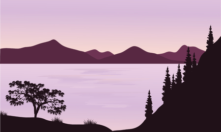 Silhouette of sea and mountain with purple backgroundのイラスト素材
