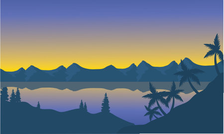 Silhouette of beach and hills at sunsetのイラスト素材