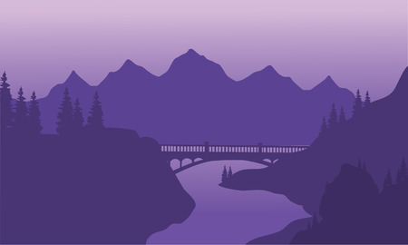 View bridge and mountain silhouette with purple backgrondsのイラスト素材