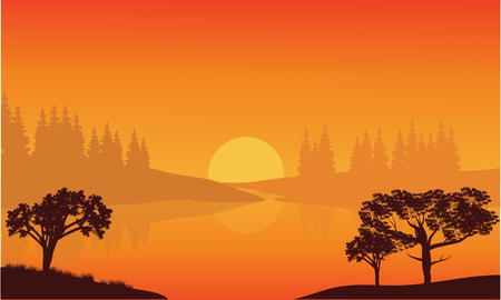 Illustration city, trees of silhouette at the afternoonのイラスト素材