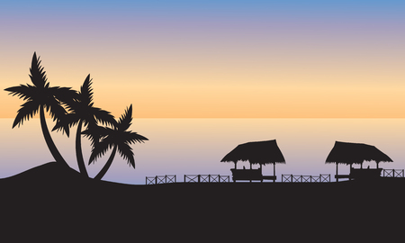 Gazebo and palm on the ocean shore at sunsetのイラスト素材