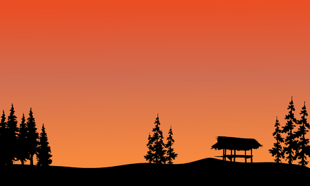 Silhouette of gazebo and spruce with orange backgroundsのイラスト素材