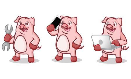 Pink Pig Mascot with phone, laptop and toolsのイラスト素材