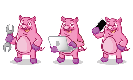 Purple Pig Mascot with tools, laptop and phoneのイラスト素材
