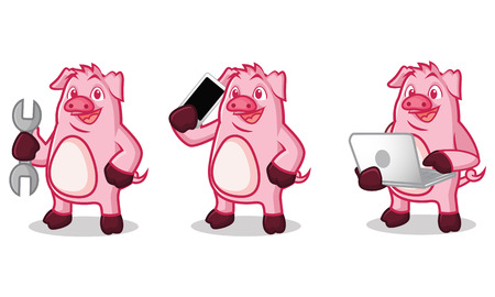 Violet Pig Mascot with laptop, phone and toolsのイラスト素材