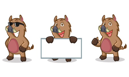 Brown Wild Pig Mascot happy, pose and bring boardsのイラスト素材