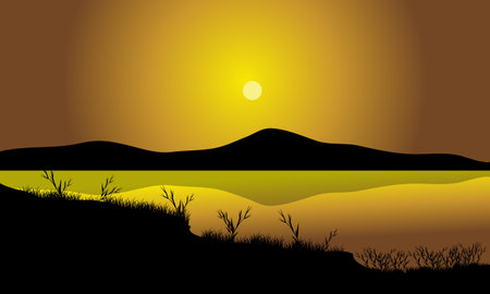 Grass silhouette in lake and mountain backgroundsのイラスト素材
