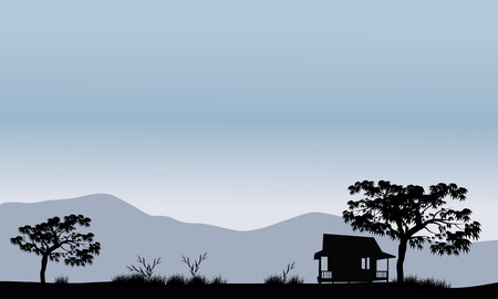 Silhouette of hut with trees and mountain backgroundsのイラスト素材