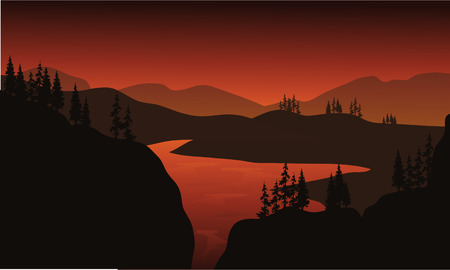 Silhouette of lake with brown backgrounds at the sunriseのイラスト素材