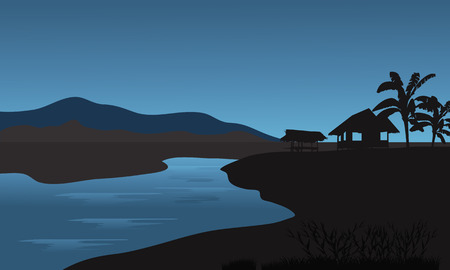 Silhouette of hut in riverbank with bluue backgroundsのイラスト素材