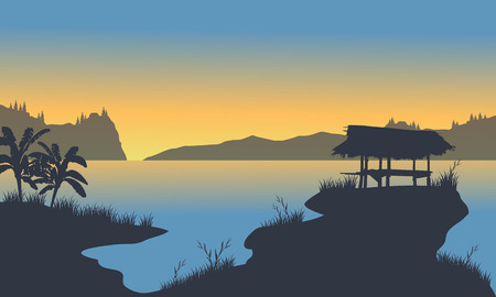 Small hut on the lake at the morningのイラスト素材