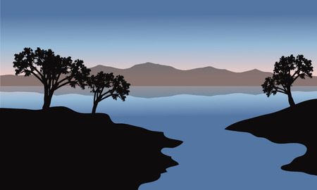 Silhouette of lake and trees with blue backgroundsのイラスト素材
