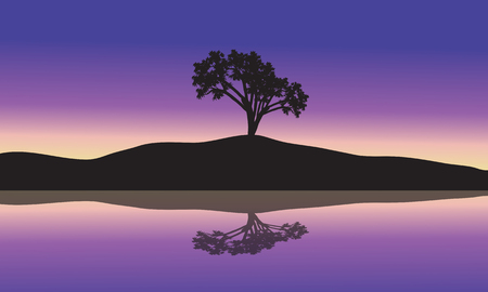 landscape with silhouette of a single tree in a hill at sunsetのイラスト素材