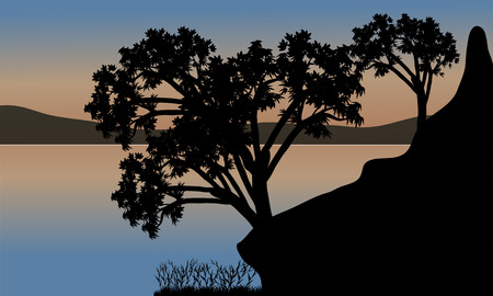 Beautiful sunset the river with silhouette tree and hillsのイラスト素材