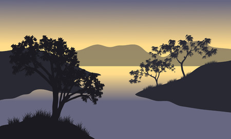 Silhouette of hills and tree at the morning with gray backgroundsのイラスト素材