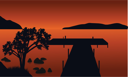 Pier and tree silhouette with orange backgroundsのイラスト素材