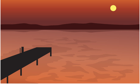 At Sunset pier silhouette scenery with hills backgroundsのイラスト素材