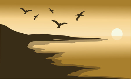 Sunset scenery in the beach with birdsのイラスト素材