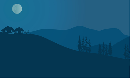 illustration landscape of mountains in fog at nightのイラスト素材