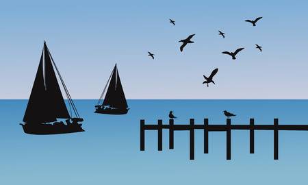 Silhouette of ship and pier with blue backgroundsのイラスト素材